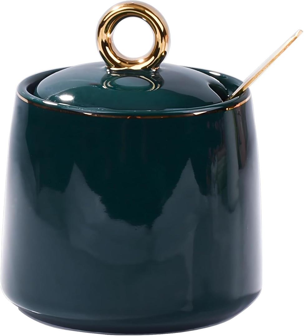 Ceramic Sugar Bowls with Stainless Steel Spoon Salt Container with Lid for Sugar Seasoning(Green)