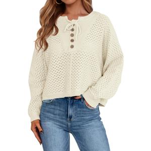 Saodimallsu Womens Crochet Button Sweaters Batwing Long Sleeve Henley Knit Shirts Drawstring Loose Trendy Sweater Tops (Small, White)