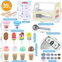 Mini Wooden Ice Cream Toys for Kids Pretend Play Kitchen Food Toys, Counter Shop Playset for Toddlers with Scoop & Menu & Fake Money for 3 4 5 6 Year Old Girls Boys Christmas Birthday Gifts