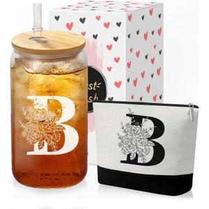 Custom Glass Cup & Makeup Bag Set - Personalized Gifts for Women, Initial 16 oz Glass Tumbler with Lid & Straw, Monogram Makeup Bag - Birthday Gifts For Women, Mother's Day Presents(B)