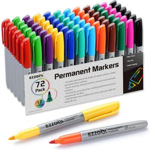 Ezzgol Permanent Markers Bulk, Permanent Marker Bulk Pack of 72, 12 Assorted Colors, Fine Point Permanent Markers For Adult Coloring as Office, School Supplies