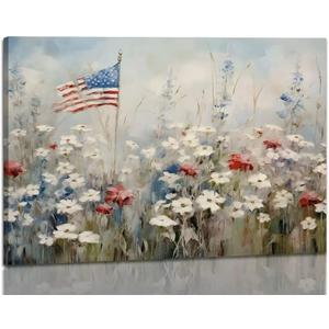Framed Patriotic Canvas Wall Art Vintage American Flag Canvas Print Painting Artwork Wildflower Wall Art Print for Home Decoration (C, 16x24inch(40x60cm), Framed)