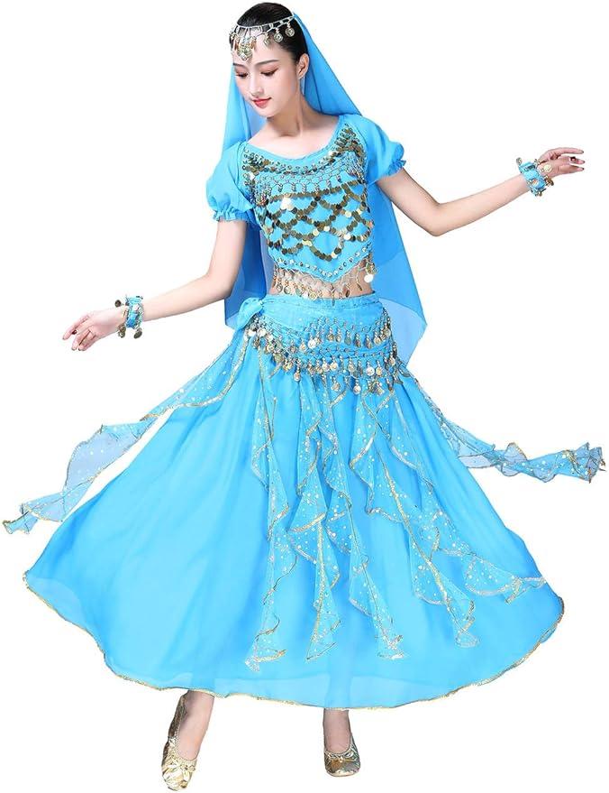 ORIDOOR Belly Dance Dress Girls Indian Bollywood Halloween Costume Chiffon Skirts Shiny Belly Dance Suits 4-Piece Outfit, XL, BLUE