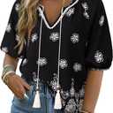 Vivilli Womens Summer Boho Tops Casual V Neck Short Sleeve Blouses Floral Printed Shirt Tie Front Flowy Vacation Clothes (Black) XL