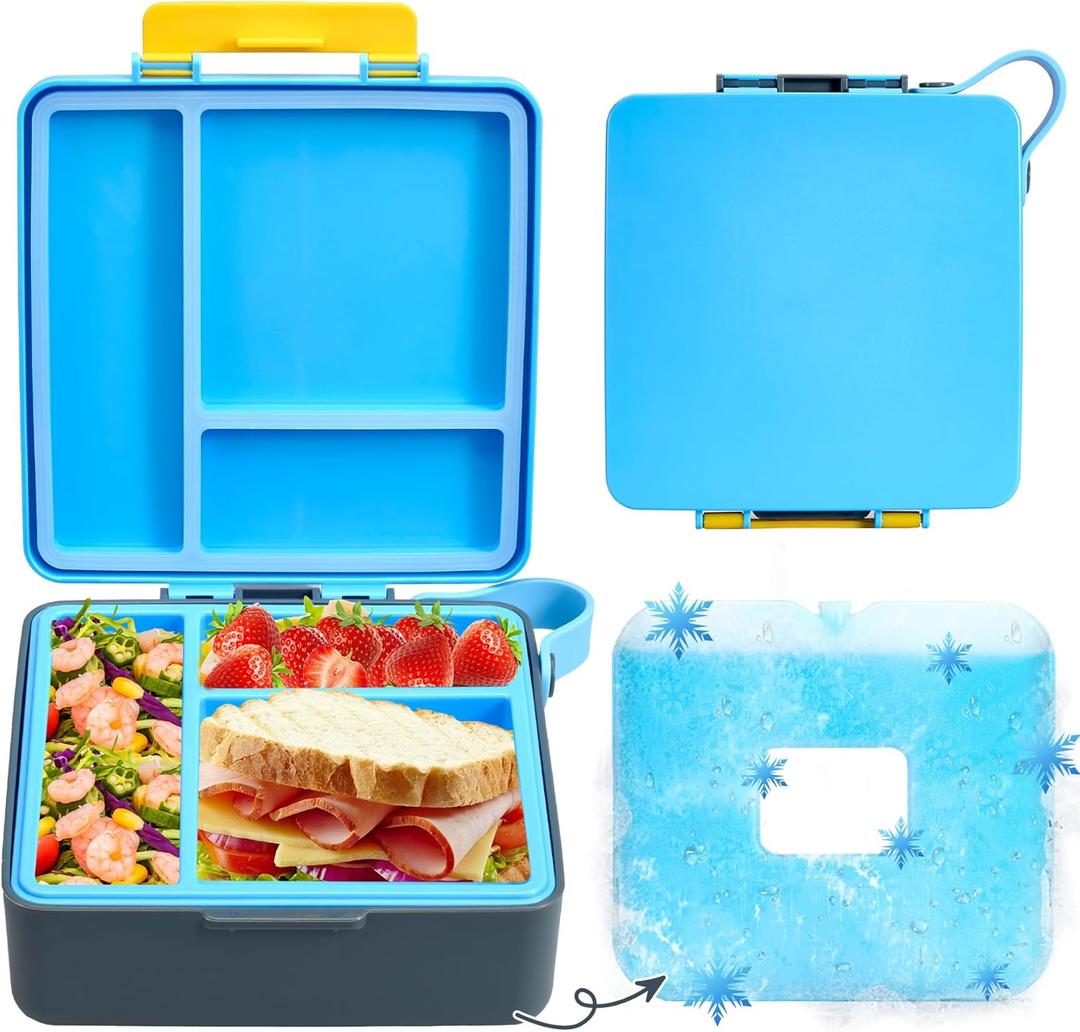 Chill Bento Lunch Box for Kids Adult,Bento Box with Ice Pack,Leak Proof 3-Compartment Lunch Container Kids, Ice Pack Detachable Lunch Box BPA Free, Microwave & Dishwasher Safe (Blue)