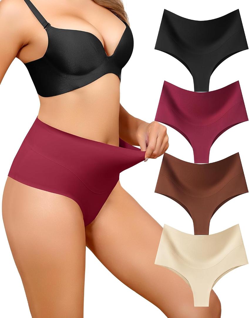 LEVAO 4-Pack Women Tummy Control Thong High Waist Seamless Underwear