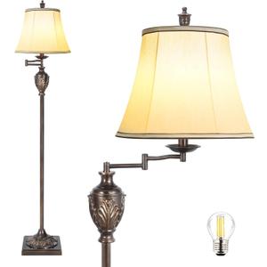 Traditional LED Floor Lamp with 350° Adjustable Swing Arm Lamp – Vintage Standing Pole lamp for Living Room, Bedroom and Office – Rustic Upright Floor Light for Home Décor with Faux Silk Fabric Shade, Pack of 2
