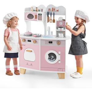 HONEY JOY Play Kitchen, Large Little Chef Wooden Toy Kitchen Set for Toddlers & Coffee Maker, Microwave, Washing Machine, Sink, Cookware, Pretend Play Kids Kitchen Playset, Gift for Boys Girls (Pink)