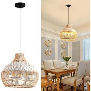Rattan Chandeliers Dining Room 15.8in Large Boho Lights Fixture White Pendant Lights Kitchen Island Wicker Hanging Lighting Woven Chandelier for Restaurants Living Room Bedroom Foyer