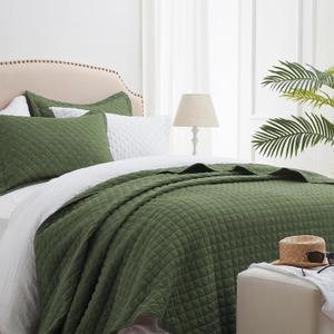SunStyle Home Olive Green Queen Quilt Bedding Set, Lightweight Summer Blanket Bedspread, Full Queen Size Quilt, Luxury Durable Quilted Stitching Coverlet with 2 Pillow Shams Diamond All Seasons 3pcs