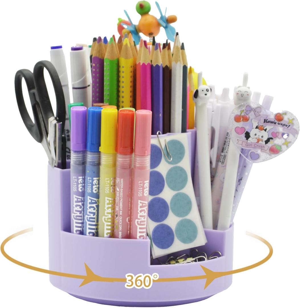 2 x 360Degree Rotating Desk Organizer, 10 Slots Pencil Pen Holder for Desktop, Cute Rotating Desk Pen Organizer Storage Caddy for Office, School, Home, Art Supply, Teacher (Purple)