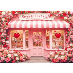 7x5 FT Valentines Day Backdrop Sweetheart Cafe Backdrop Flower Love Bear Photography Background Valentines Day Decorations Banner Photo Booth Props