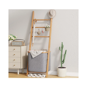 Blanket Ladder with Basket, Bamboo Towel Rack with Storage Hamper Basket, Wall Leaning Decorative Ladder Shelf, Drying Display Blanket Holder Rack for Bathroom Living Room (Grey)