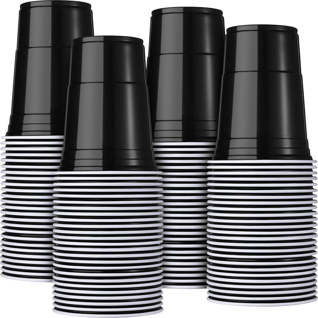 Mimorou 200 Pack Plastic Cups Bulk for Halloween Fall Christmas Party 16 oz Disposable Cups Stackable Plastic Beverage Drinking Tumblers for Wedding Birthday Bachelor Baby Shower Picnics Party(Black)
