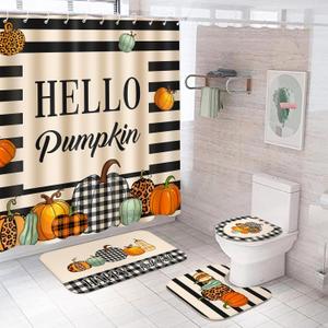 Preboun 4 Pcs Thanksgiving Shower Curtain Set 72" Fall Bathroom Decor Set with 12 Hooks Non Slip Rug Toilet Lid Cover and Waterproof Pumpkin Bath Mat Thanksgiving Autumn Harvest Home Restroom Decor