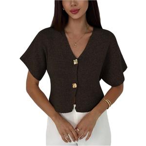 SOLY HUX Women's Short Sleeve Office Spring Winter Cardigan Sweater Button Down V Neck Slim Fit Elegant Knit Tops Coffee Brown Medium