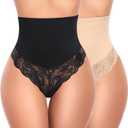 Tummy Control Thong Shapewear for Women Mid High Waist Shaper Panties Girdle Lace Shaping Thong Underwear (X-Large, 1# a Black+beige(mix Pack)