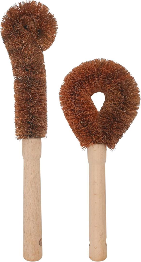 2pcs Coconut Fiber Bottle Brush, Bottle Cleaner Dish Scrubber, Eco Friendly Natural Wooden Cleaning Scrub Bristle Head for Deep Pan Kitchen Dishes Vegetable Washing, Sturdy Handle Holder, Dark Brown