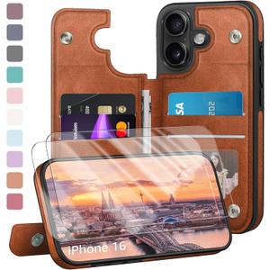 Compatible with iPhone 16 Case Wallet, Card Holder Case with [2 Screen Protectors] Cover with [RFID Blocking Leather] Shockproof Women Men Cases 6.1" for Apple 16 Light Brown
