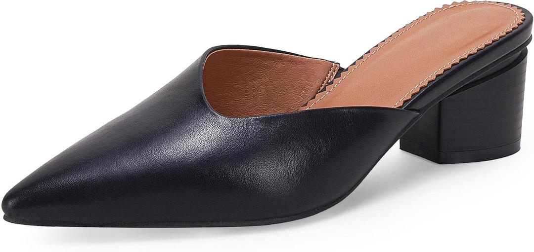 Coutgo Womens Pointed Toe V Cut Mules Chunky Block Heels Slip On Clogs Fashion Office Slides Shoes (9.5, Black)