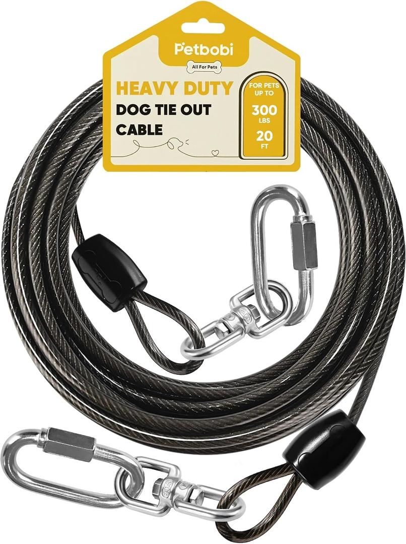 Petbobi Heavy-Duty Dog Tie-Out Cable - 20FT Extra Strong Wire Cable for Large Pets Up to 300Lbs, Rust Proof Dogs Leash with Carabiners and 360 Swivel, Pet Leads for Yard Camping Outside, Black