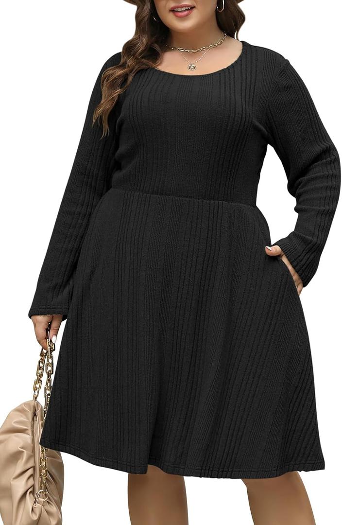 Nemidor Womens Plus Size Scooped Neck Long Sleeve Ribbed Midi Swing Dress with Pocket NEM543 (Black)