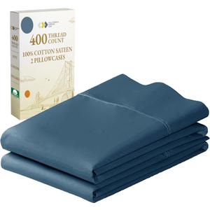 Standard Queen Size Pillowcase Set - 400 Thread Count, 100% Cotton Sateen, Set of 2 Pillow Covers, Breathable, Cooling, Soft for Quality Sleep - Peacock Blue