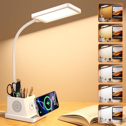 cozoo Desk Lamp, LED Desk Lamps for Home Office with 15W Wireless Charger/ Organizer, Desk Lamp for College Dorm Eye-Caring Study Light, Gooseneck Table Lamp with Pen Holders/ Storage, 12 Lighting Modes