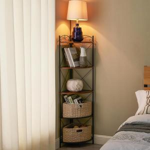 VECELO 5 Tier Corner Shelf with 2 Woven Basket, 55" Tall Standing Organizer, Rustic Brown Storage Rack, Narrow Bookshelf Display Shelves Rack for Wall Corner, Living Room, Kitchen, Bedroom, Office