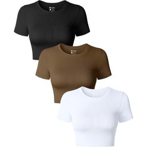 OQQ Women's 3 Piece Crop Tops Crew Neck Shorts Sleeve Stretch Fitted Shirts Crop Tops (Black, Coffee, White), S