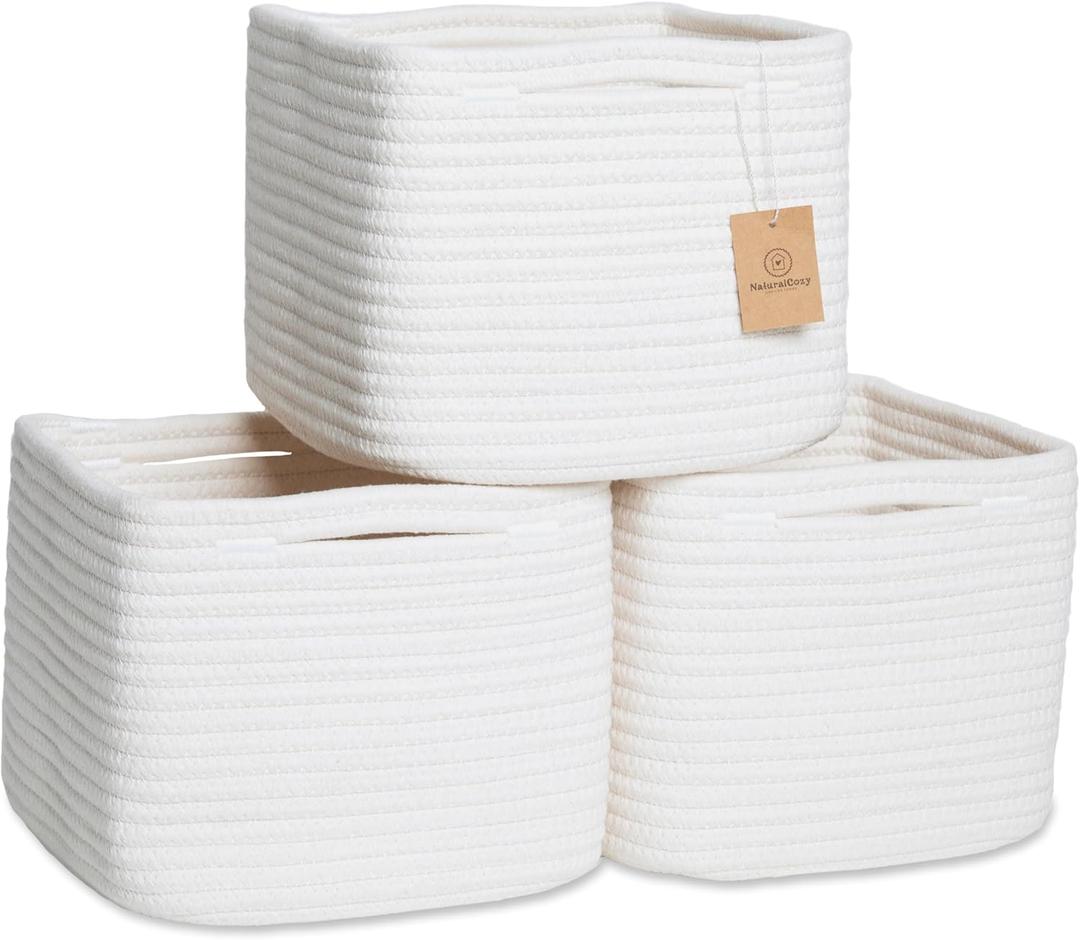 Cotton Rope Woven Baskets for Organizing 3-Pack | 9 Inch Cube Storage Bin | Small Basket for Shelf Nursery, Pantry, Decorative Plant, Bathroom Closet, Toy Gift