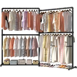 Heavy Duty Clothes Rail with 360° Foldable Side Arms, Freestanding Metal Clothes Rack with Bottom Storage Shelf for Bedroom or Shop, 150 kg Load Capacity (Pure Black)