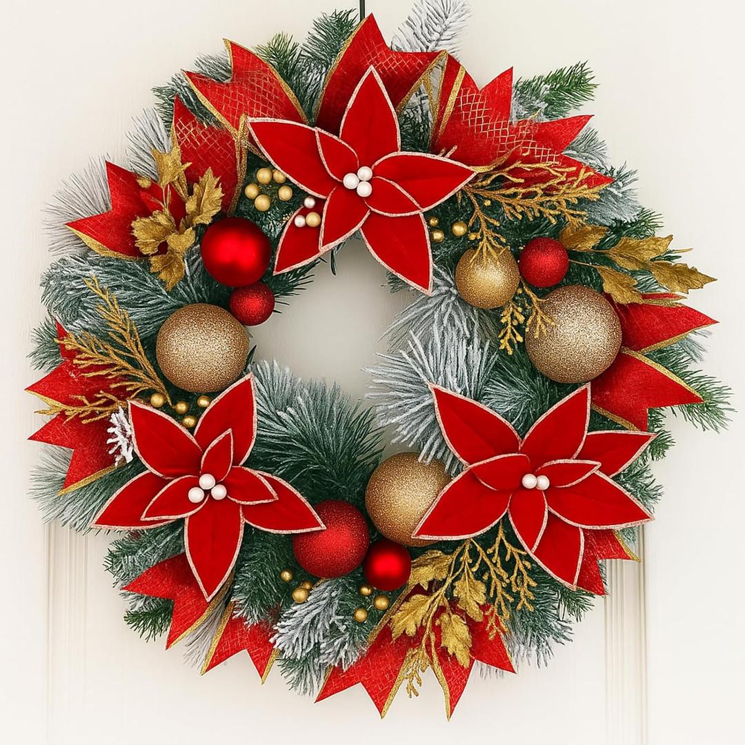Knitgrip Pre-lit Christmas Wreaths for Front Door 13.7 Inches Christmas Poinsettia Wreath Decorations with Red Gold Ball Ornaments 20 LED Lighted Hoop for Xmas Outdoor Wall Window