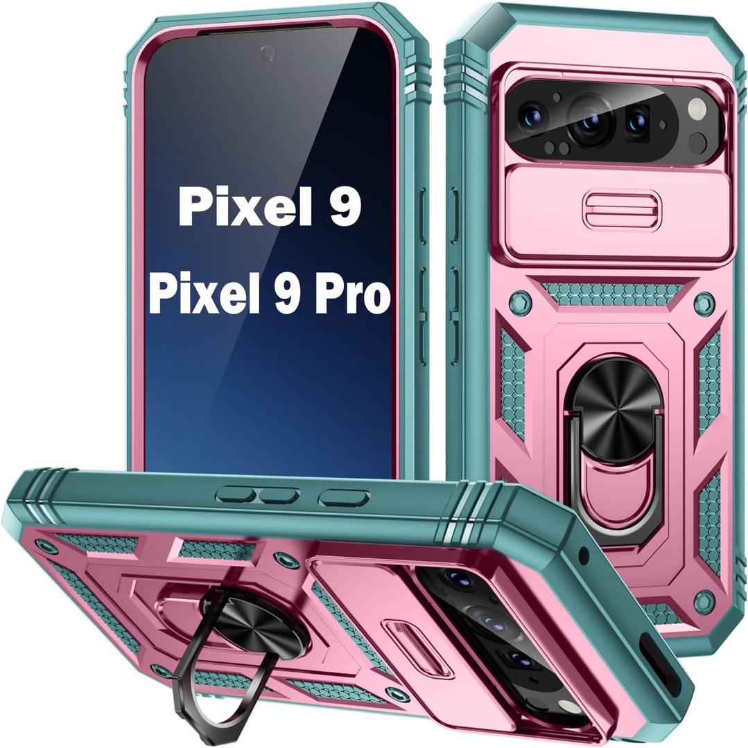 PASNEW Phone Case for Pixel 9 Pro,360 Rotating Ring Kickstand Case & Slide Camera Cover,Military Heavy Duty Full Body Hard Shell Shockproof Phone Case for Google Pixel 9,6.3 inch,Pink Green