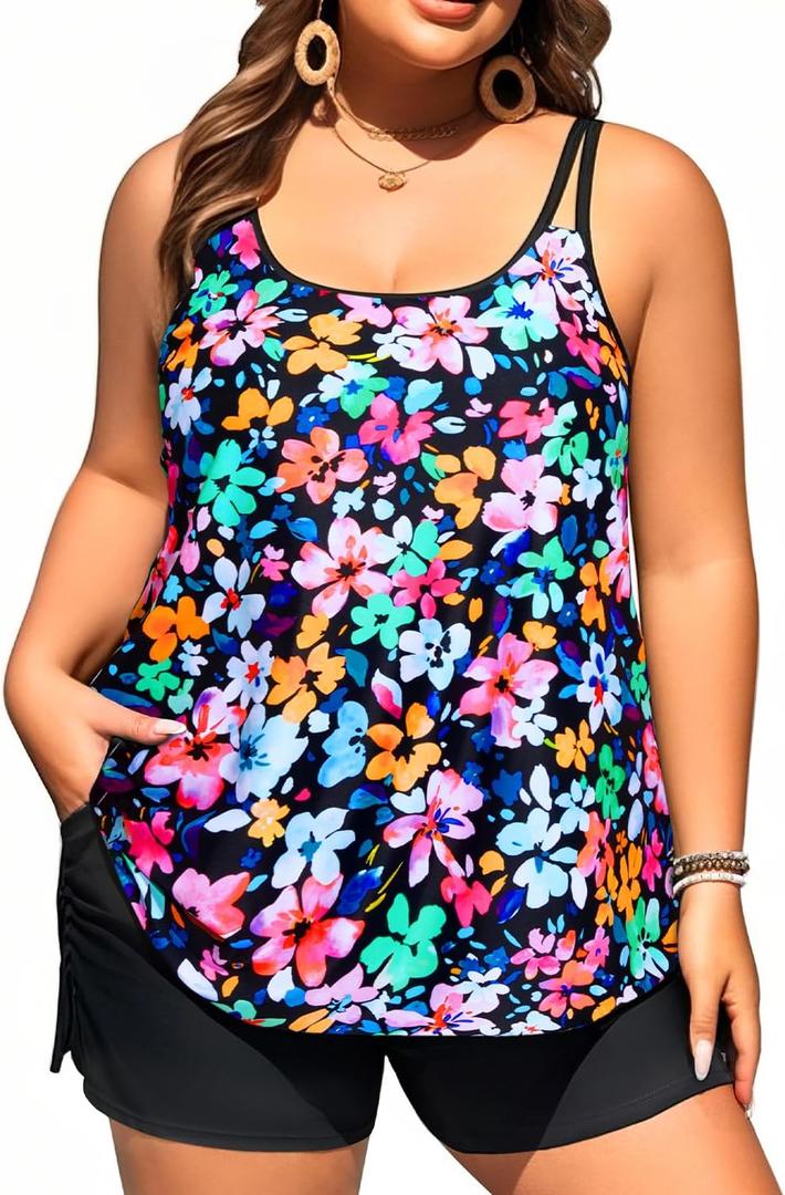 Plus Size Tankini Swimsuits - Women Two Piece Tankini Top with Shorts Flowy Swimsuit 2025 Bathing Suits (Colorful Floral, 18W)