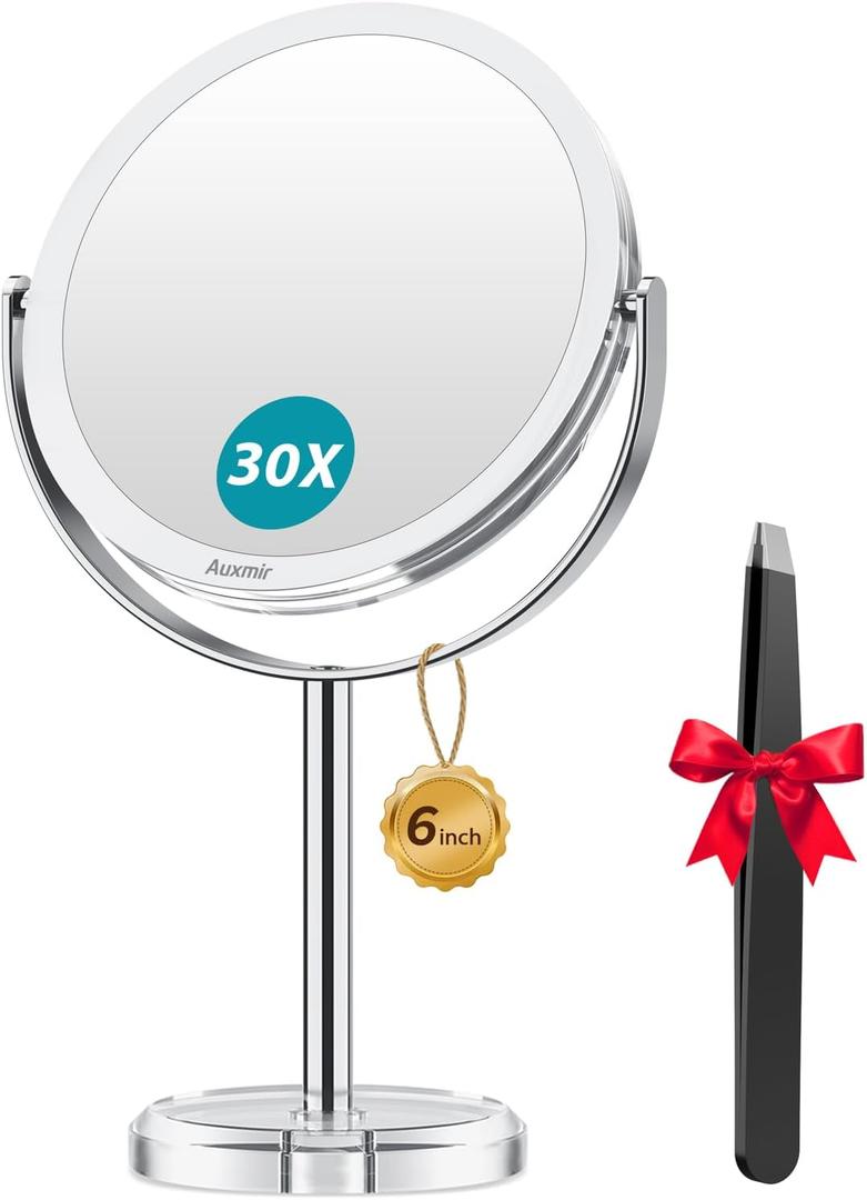 Auxmir 1X/ 30X Magnifying Mirror, Makeup Mirror with Tweezer, Double Sided Round Vanity Tabletop Mirror, 360 Rotation Portable for Dressing Table Desk Bathroom Bedroom Travel, Clear