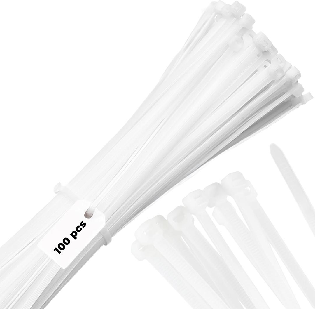 Bolt Dropper 12-Inch White Zip Ties - 100-Pack Reusable Heavy Duty Wire and Cable Ties - Durable Self-Locking Nylon with 120 lbs Tensile Strength - UV and Temperature Resistant for Indoor and Outdoor