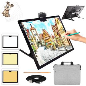 A3 LED Light Pad with Carry Bag, TOHETO Wireless Rechargeable Light Board with Stand and Top Magnetic Clip 3 Colors Stepless Dimmable 6 Levels Brightness Light Box for Diamond Painting Weeding Vinyl
