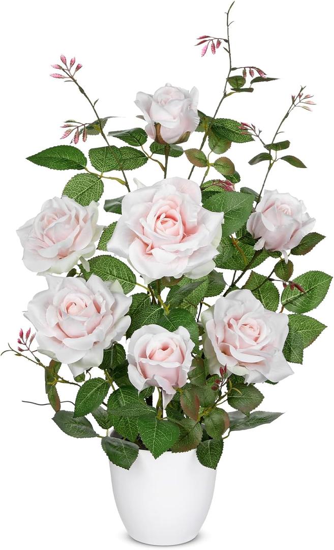 Hollyone Pink Fake Roses Artificial Flowers in Pot 23.6" Small Roses Tree Indoor Outdoor Faux Plants & Flowers Rose Silk Flowers Potted Plant Artificial Rose Floral Arrangement Desk Home Decor