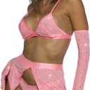 MUSIC LEGS Pink Triangle Sparkle Bralette with Matching Gloves, Panties and Garter Belt Set, Medium (Pink, M)