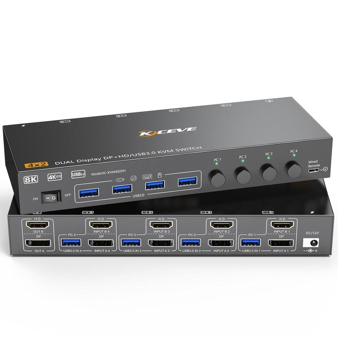 HDMI+Displayport KVM Switch 2 Monitors 4 Computers 8K@60Hz 4K@144Hz, Dual Monitor KVM Switch for 4 PC Share 2 Monitors and 4 USB3.0 Devices, with 4 USB Cables, Power Adapter and Wired Remote