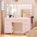 COMHOMA Vanity Desk with Large Mirror,15 LED Bulbs and Power Outlet,Makeup Table with 9 Storage Drawers and HD Mirrors,3 Color Modes Adjustable Lighting for Bedroom Dressing Room (Pink, 47inch)
