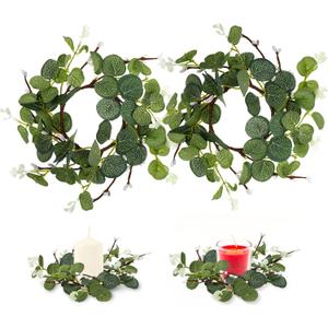 PATKAW 2Pcs 5.89inch Artificial Eucalyptus Wreath for Front Door Eucalyptus Farmhouse Candle Holder Eucalyptus Candle Ring Spring Summer Green Wreath for Window Party Home Decor