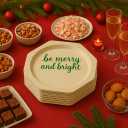 Perfectware Disposable Wooden Christmas Plates, 10.2 Inch Octagon Shape, Be Merry and Bright Green Print, 25 Count