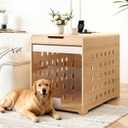 Modern Dog Crate Furniture with Charging Station Large Kennel Indoor with Flip-up Hidden Acrylic Door for Large and Medium Breeds up to 110lb Wood Pet End Side Table Cage, Oak