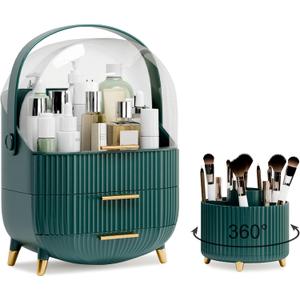 lurcns Makeup Organizers and Storage Make up Organizer for Vanity Cosmetics Skincare With Lid and Drawers Display Cases for Countertop Bathroom Women Teenager Girl Gifts(Dark Green+Brush Holder)