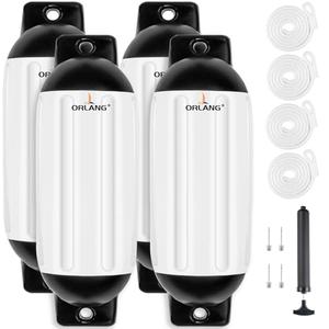 ORLANG 8.5in X 27in Boat Fenders, Boat Bumpers for Docking 4 Pack, Inflatable Ribbed Twin Eyes Vinyl Boat Bumpers Fenders with Pump,Ropes and Needles to Inflate - White/Black