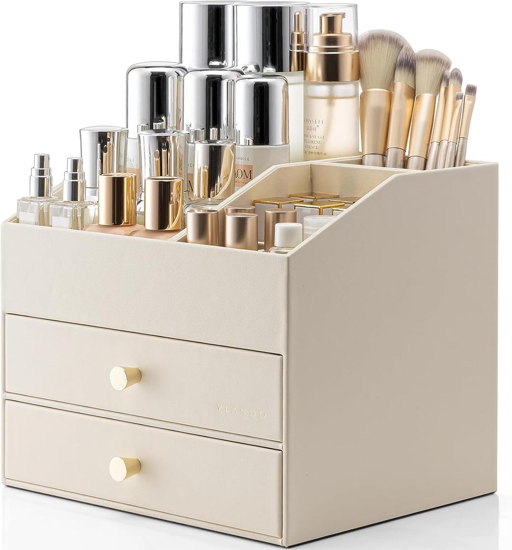 Vlando Makeup Organizer for Vanity, Large Capacity Countertop Organizer with Drawers, PU Leather Cosmetic Display Case for Lipstick, Brushes, Skincare, Bathroom, and Bedroom Storage (Beige)