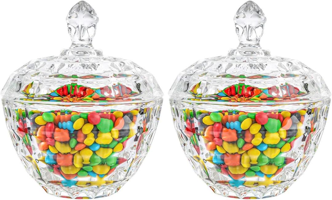 ComSaf Glass Candy Dish with Lid, 9OZ Small Candy Jars with lid for Office Desk, Covered Candy Dish for Office Desk, Decorative Cute Glass Jar, Jewelry Box for Wedding Party Buffet Decor, Set of 2