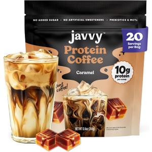 Javvy Protein Iced Coffee - Premium Whey Protein & Iced Coffees, 100% Natural Cold Brew, Zero Artificial Flavors & Sweeteners, 80mg Caffeine, No Added Sugar, 20 Servings, Caramel, 1 Pack, Expiry: 04/01/28